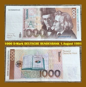 Ⓜ️ 1000 Deutsche Mark ☘️ 1.August 1991 💥 DM Schein Bundesbank 🍄 AA3606034S3 🌐 - Bild 1 von 3