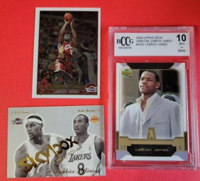 LEBRON JAMES TOPPS CHROME ROOKIE CARD + SKYBOX KOBE LEBRON RC + NAXCOM ROOKIE 10 - Image 1 of 4