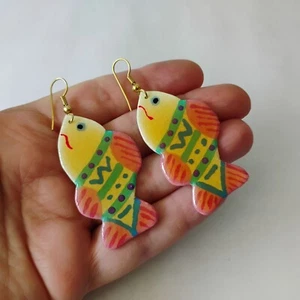Vintage Handmade Resin Multicolor Fish Dangle Earrings 2.5 inch - Picture 1 of 7
