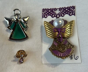 Lot of 3 Angel Pins: Green Stained Glass. T&T Purple Lapel. Homemade Gold Tone. - Picture 1 of 7