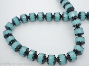 Czech Glass Opaque Turquoise Blue & Black 8mm Round Cathedral 16" Strand Beads