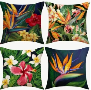 Tropical Flowers Linen Blend Throw Pillow Covers with Zipper Closure 4 Piece - Picture 1 of 3