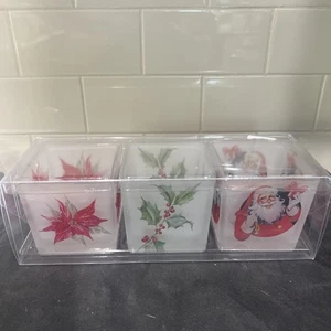 Set 3 Diomond Star Corp Xmas Candle Holders poinsettia, berries, Santa 3x3 NEW - Picture 1 of 5