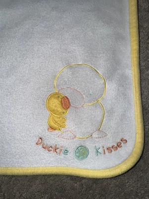 Carters Boys Girls Duckie Kisses Hug Mommy White Fleece Yellow Trim Baby Blanket - Image 1 of 4