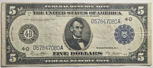 1914 $5 Federal Reserve banconota New York NY FRN banconota grande sigillo blu bella banconota!!! - Foto 1 di 6
