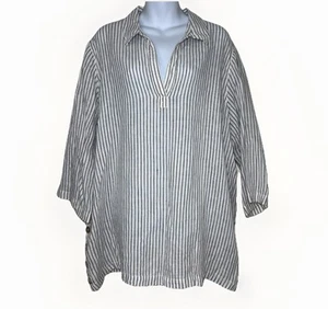 Camisa Sigrid Olsen 100 % lino para mujer talla 1X a rayas azul blanco costero preppy - Imagen 1 de 7