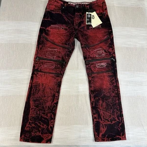 Encrypted Jeans Slim Fit Mens Sz 38x32 Distressed Red Black Streetwear Moto NWT - Picture 1 of 12