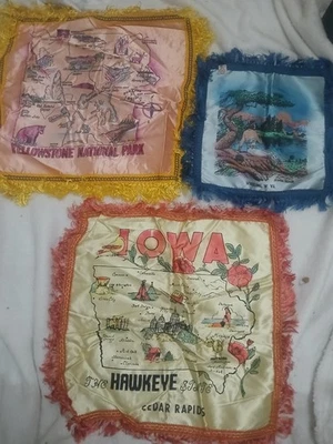 3 Vintage Souvenir Decorative Satin Pillow Covers IOWA-Yellowstone-Wheeling W VA - Image 1 of 4