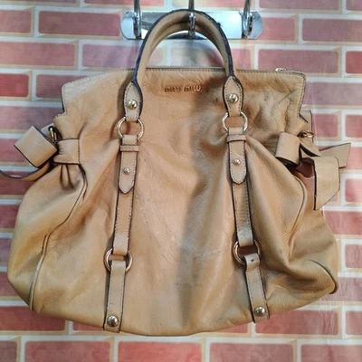 Bolso de Mano Miu Miu Vitero Luxe Cinta Lateral 2 Vías Vintage Peggy Bow Cuero Marrón Foto 1 de 4