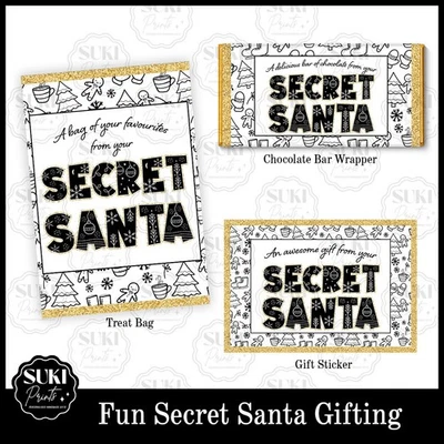 SUKI PRINTS Fun Secret Santa Gift Wrapping. Chocolate Bar Wrapper, Treat Gift Bag, Sticker