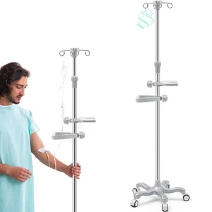 IV Pole Portable Poles with Wheels 4 Hooks 5 Wheels IV Fluid Bag Stand Stainl... - Picture 1 of 6