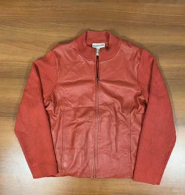 Chaqueta Suéter Pendleton De Colección Para Mujer Cuero Rojo Lana Merino Cremallera Talla L Foto 1 de 4