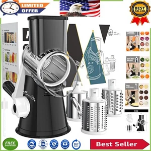 Black Rotary Cheese Grater with 3 Stainless Steel Blades - Kitchen Essential - Picture 1 of 10