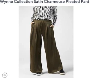 Wynne Collection fern khaki green silky satin pleated trousers with pockets L 14 - Picture 1 of 3