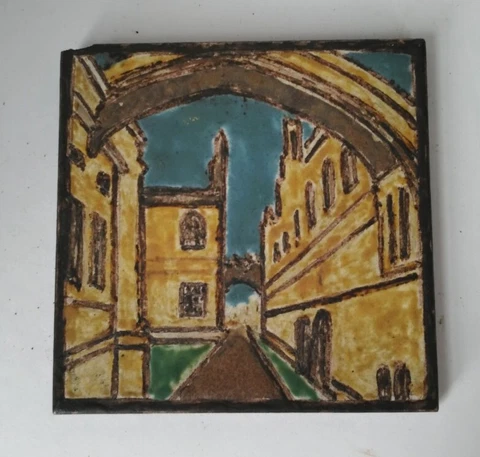 Antique Vintage City Scene National Artist Tile Arts and Crafts Pottery Signed Cover