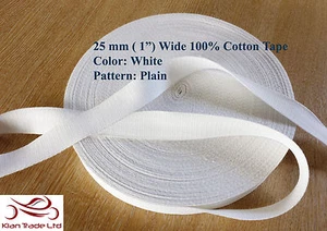 25 mm EINFARBIG WEISS Baumwolle Gurtband Stoffband Nähen Schrägband Nähen - Bild 1 von 1