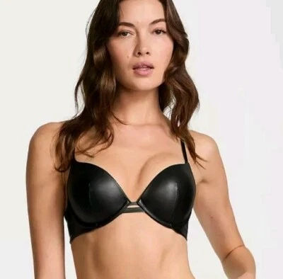 ¡NUEVO! Victoria's Secret ¡Sujetador push-up de cuero sintético negro muy sexy! 34D Foto 1 de 3