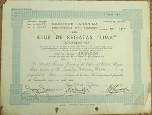 Lima, Peru 1958 Stock Certificate, Club de Regatas Lima, Sport Sporting Sports - Picture 1 of 1