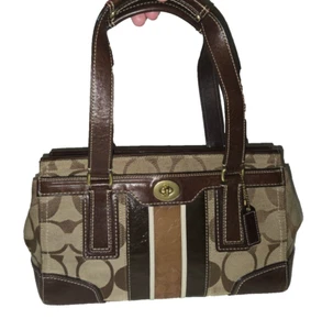 Vintage COACH Shoulder Bag Brown Leather & Jacquard Logo Zipper - Picture 1 of 18