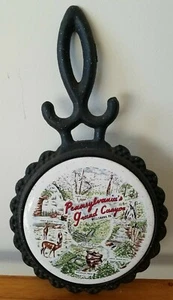 Vtg Cast Iron Footed Porcelain Tile Trivet Hot Plate Wall Hanging Wellsboro PA - Picture 1 of 10