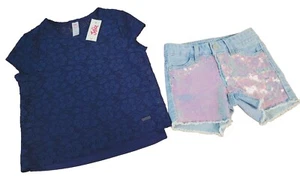 Girl's JUSTICE Blue T-shirt Line Lace & Denim Shorts Sequins Detail Size 7 - Picture 1 of 17