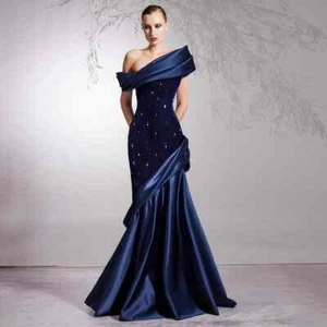 Off Shoulder Mermaid Prom Dresses Beads Stones Sweep Train Backless Evening Gown - Picture 1 of 11