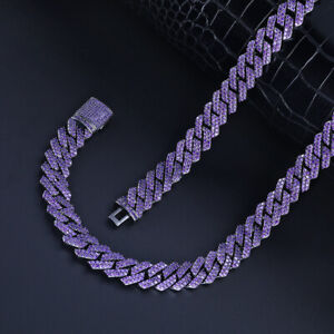 14mm Hip Hop Black Purple Cubic Zircon Miami Cuban Chain Necklace Gold Plated
