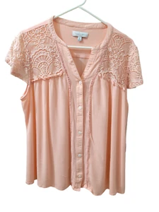New Directions Button Up Blouse Womens XL Crochet Lace Overlay Short Sleeves - Picture 1 of 12