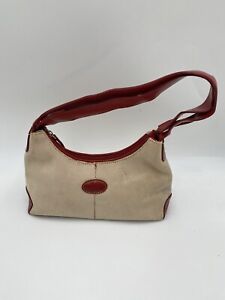 TODS Nude Canvas Red Leather  Zipper Small Women’s Hand Bag