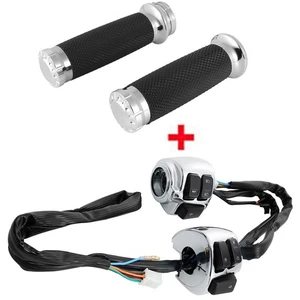 Chrome Motorcycle 1" Handlebar Hand Grips w/ Switches Control Housing For Harley - Picture 1 of 14