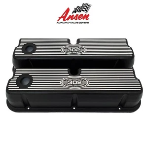 Ford 302 Narrow Fin Windsor Valve Covers, POWERED BY 302 CUBIC INCHES, Black - Picture 1 of 5