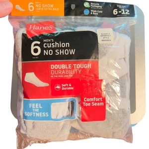 Hanes Cushion No Show Socks 6 (Six) Pairs Men Shoe Size 6-12 White New Wicking - Picture 1 of 6