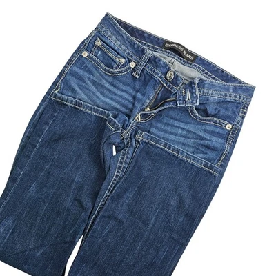 Express Barely Boot Zelda Ultra Low Rise Dark Wash Distressed Jeans Womens Sz 4S - Image 1 of 4