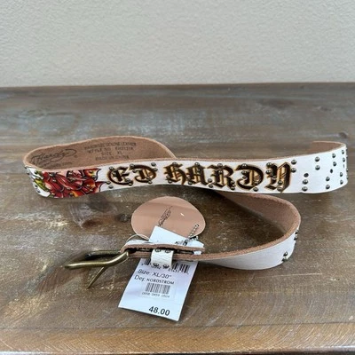 "Cinturón para niños Ed Hardy Christian Audigier hecho a mano cuero genuino talla XL 30"" NUEVO CON ETIQUETAS Foto 1 de 4
