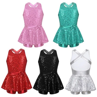 UK Girls Sequined Jazz Tap Dress Cross Back Ballet Modern Dancewear Costumes - Image 1 of 4