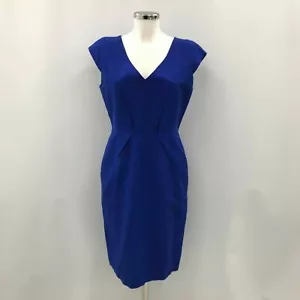 Abito Calvin Klein blu cobalto scollo a V linea A lino con cerniera taglia UK 8 - Foto 1 di 5