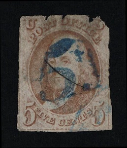VERY AFFORDABLE GENUINE SCOTT #1 USED 1847 RED BROWN - BOLD BLUE NUMERAL CANCEL - Picture 1 of 2
