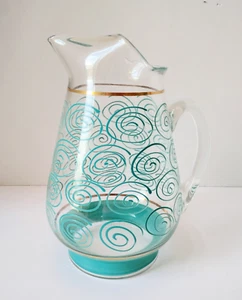 Brocca acqua vintage anni 50 vetro turchese teal oro bevanda vortice MCM 2,5 quarti - Foto 1 di 10
