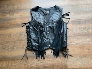 Sturgis Harley Davidson Black Leather Fringe  Side Lace Vest Sz XS
