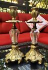  2 Vintage CandleSticks Crystal Prism Gilded Brass ~Hollywood Regency ~Nice!🇨🇦