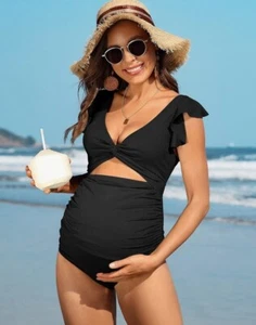 Charmo Ruffle Ribbed Maternity Swimsuit One Piece High Waisted Pregnancy Bathing - Picture 1 of 9