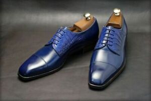 Men's Handmade Blue Crocodile Leather Lace Up Shoes Formal Dress Shoes 