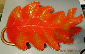 Vintage California Pottery large orange leaf serving dish w gold trim  - Picture 1 of 6