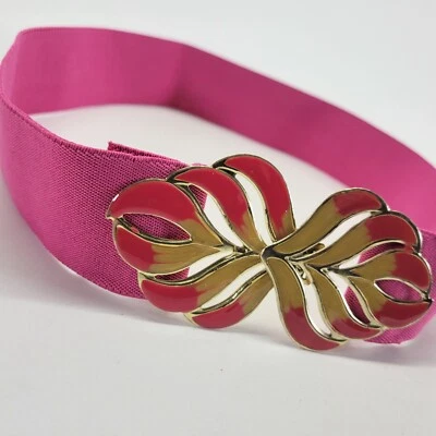 Stretch Belt 30 32 34 Leaf Buckle Waist Wide Pink Vtg 1980s - Image 1 of 4
