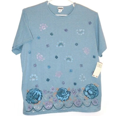 Vintage Basic Editions Plus 2X Womens Blue Shirt Top with Flowers Made in USA - Image 1 of 4
