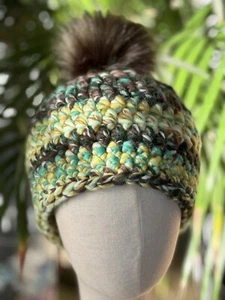 Chunky Acrylic Faux Fur Pom Pom Hat in Greens - Picture 1 of 4