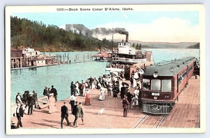 # Dock Scene Coeur d'Alene Idaho Steamer Streetcar old Postcard - Picture 1 of 2