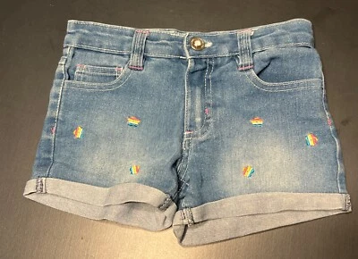 Pantalones cortos de mezclilla azules enrollables Limited Too para niñas talla 6 con gemas y bolsillos arco iris Foto 1 de 4