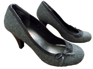 BONGO Bow pleated Ribbon Herringbone Plaid Fabric Black Gray Pumps 3" Heels sz 6 - Picture 1 of 7
