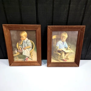 Gary and Gretchen VTG Prints Wood Framed Art 10x12 Girl Boy Cottage J. Ingwersen - Picture 1 of 12